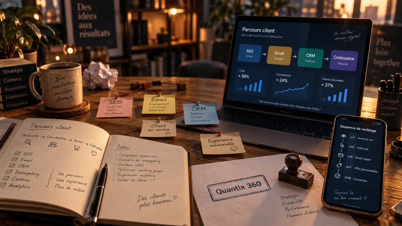 Comment déployer stratégie marketing Quantix 360 : 4 piliers, vue dashboard SEO email CRM et reciblage