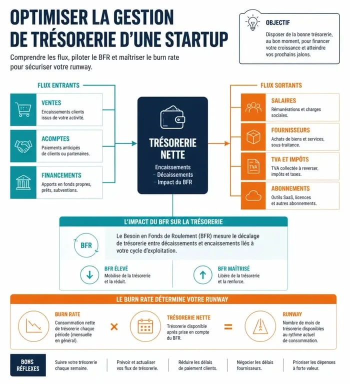 Infographie pour optimiser la gestion de trésorerie d'une jeune startup avec BFR, burn rate et runway