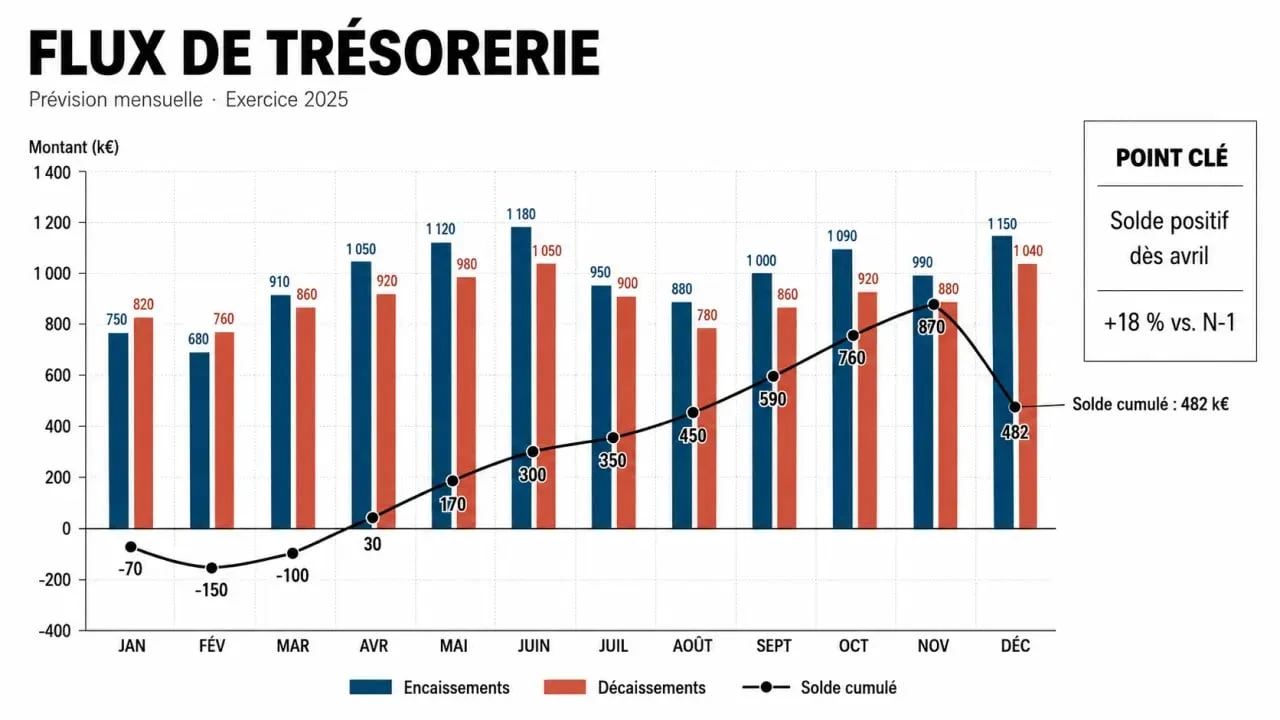 Schéma de gestion de trésorerie illustrant les flux d'encaissements et de décaissements