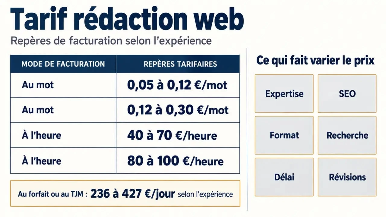 Tarif rédaction web : comparaison des prix au mot, à l'heure, au forfait et au TJM