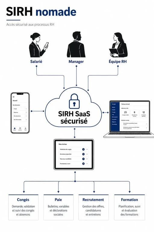 Schéma nomade sirh saas montrant un accès sécurisé depuis smartphone, tablette et ordinateur
