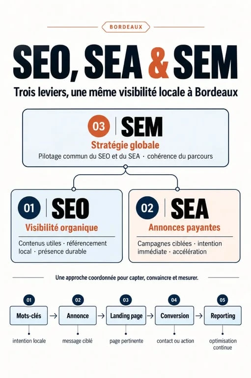 Agence spécialisé sem bordeaux : infographie expliquant la complémentarité entre SEO, SEA et SEM