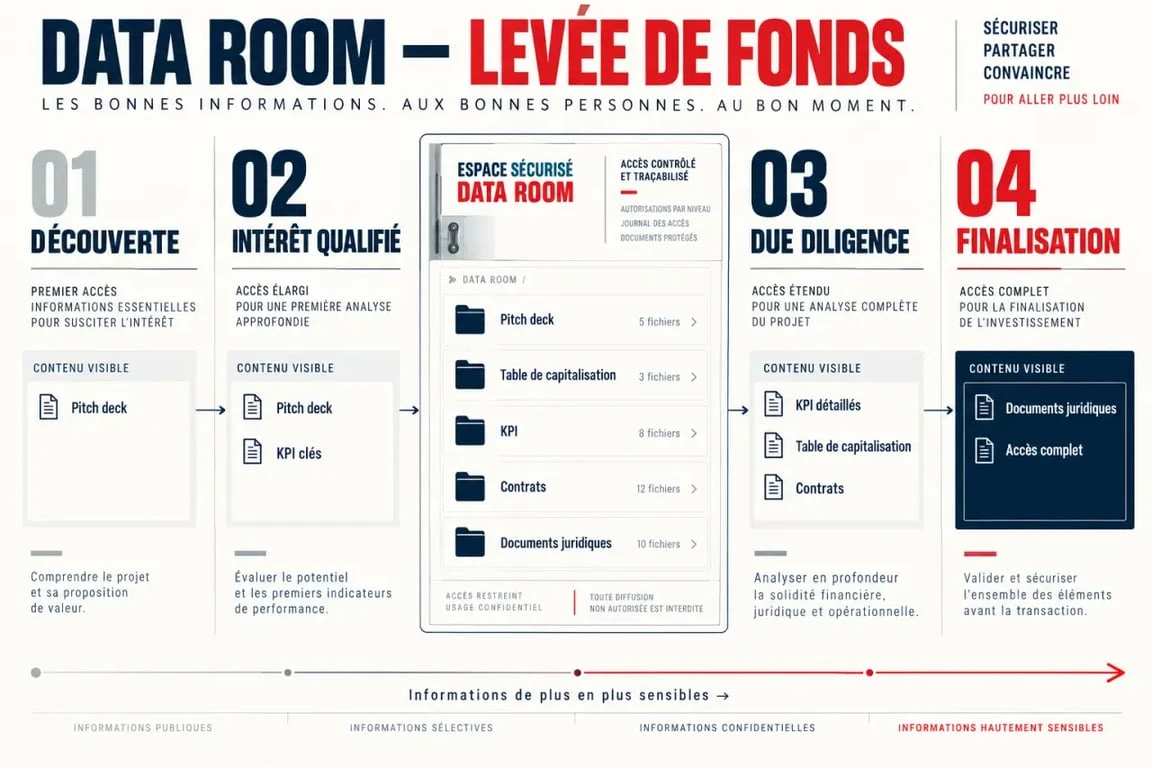Infographie sur l’organisation d’une data room de levée de fonds et ses quatre niveaux d’accès