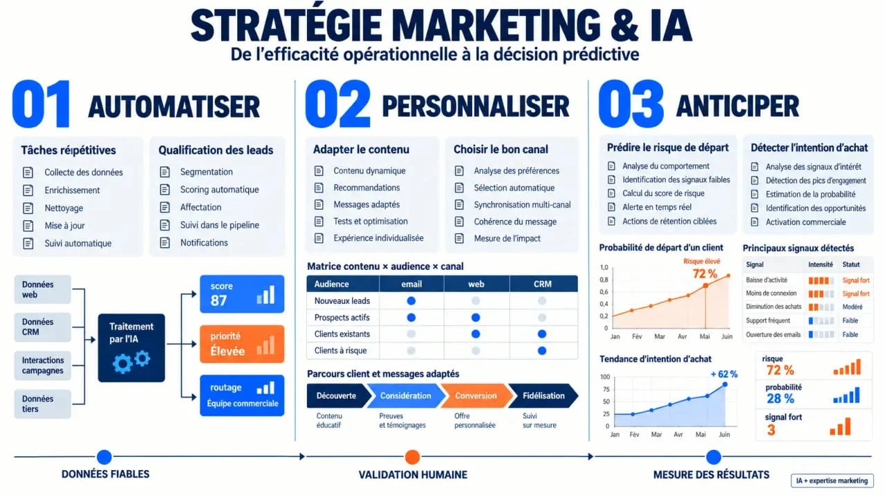 Infographie sur la stratégie marketing intelligence artificielle et les étapes automatiser personnaliser anticiper