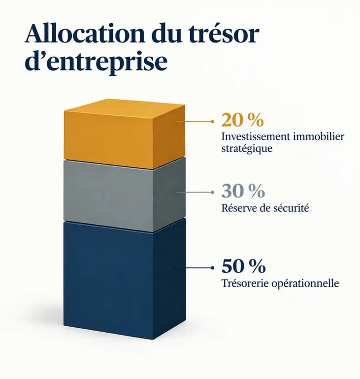 Schéma d'allocation stratégique de la trésorerie d'entreprise entre réserve de sécurité et investissements immobiliers