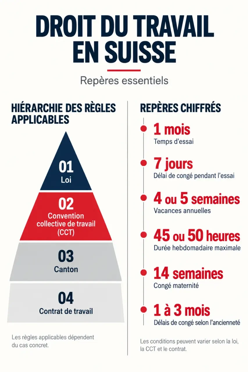 Infographie synthétique des principales règles du droit du travail en Suisse