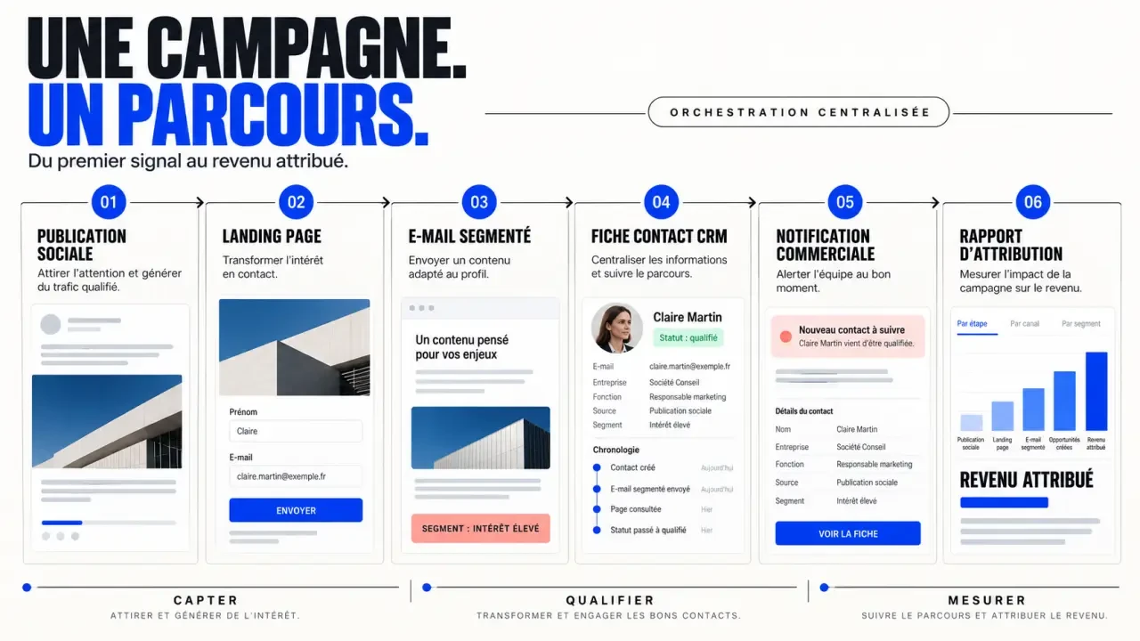 Fonctionnalités marketing tout-en-un HubSpot : parcours d’une campagne entre e-mail, réseaux sociaux, CRM et analytique