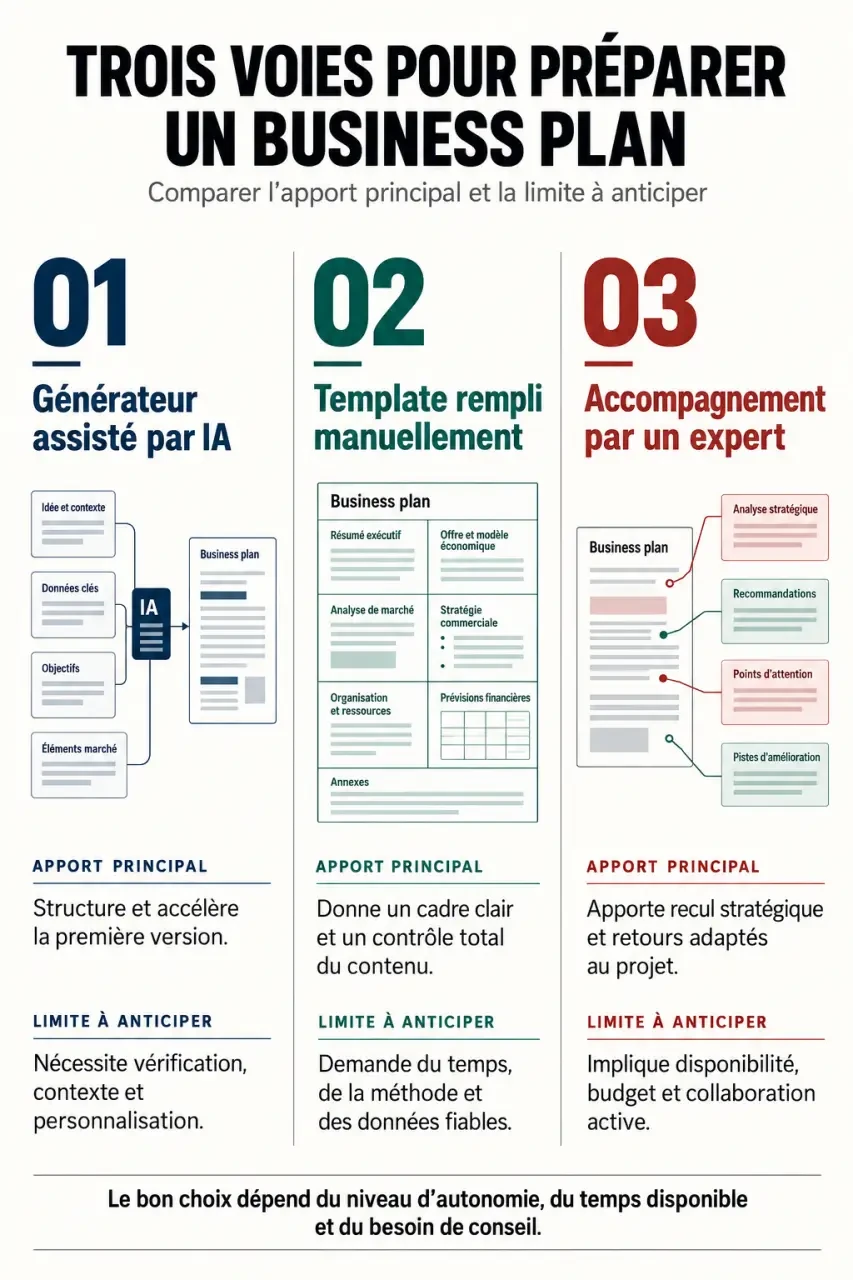 Business plan template SmartStart Generator avis : comparaison entre générateur IA, modèle manuel et expert