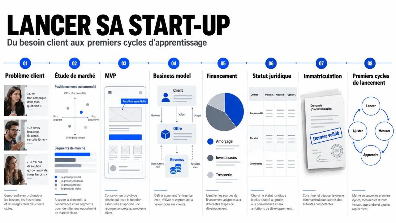 Illustration des étapes clés pour réussir le lancement de votre start-up, de l’idée au démarrage opérationnel